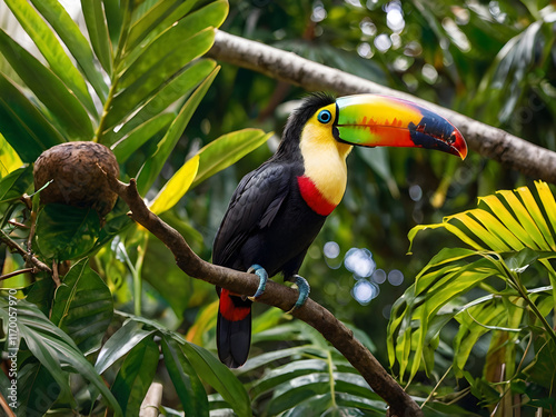 Colorful Toucan Among the Leaves: A colorful toucan with a large rainbow beak perched on a tropical tree branch, surrounded by dense green leaves in dappled sunlight. photo