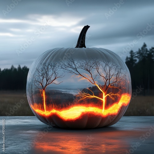 7. Pumpkin carving designs with glow-in-the-dark elements, eerie ambiance, 3D illustration photo