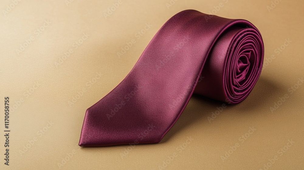 Rolled maroon tie on beige surface. Rolled maroon tie on beige surface.