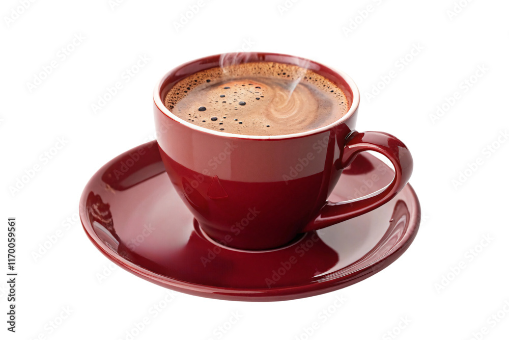 Obraz premium A close-up of a steaming espresso in a glossy red mug, with frothy crema and soft swirls on the surface, isolated on a transparent background