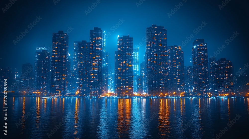 Fototapeta premium Night Cityscape Reflecting In Dark Water