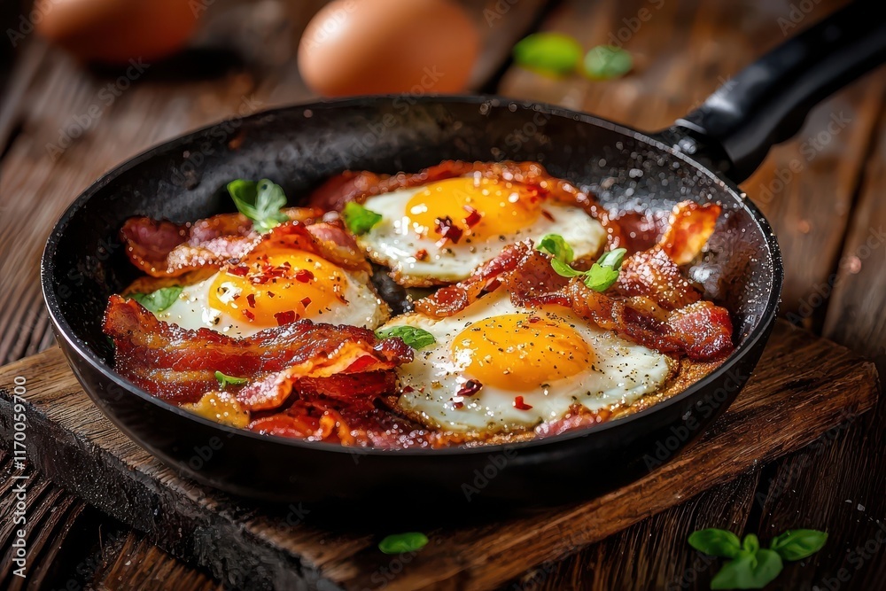 A delicious display of bacon and eggs sizzling in a pan. A delicious display of bacon and eggs sizzling in a pan.