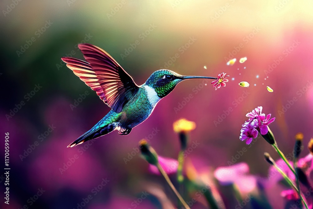 Fototapeta premium A vibrant portrayal of a hummingbird's flight toward a blooming flower.