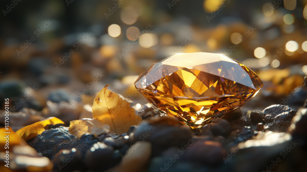 A radiant gemstone in warm amber tones, nestled among vibrant golden leaves and soft sunlight, evoking a sense of early spring bloom. The gem's surface captures dynamic reflections of light