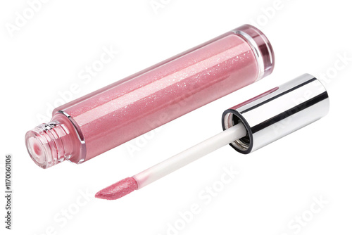A sleek pink gloss tube with glittery pigment and a silver cap, featuring an applicator wand for smooth application, isolated on a transparent background