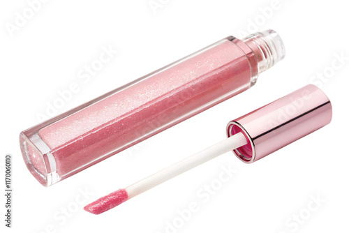 A sparkling pink lip gloss in a rectangular transparent tube with a shiny metallic pink cap and precision applicator, isolated on a transparent background