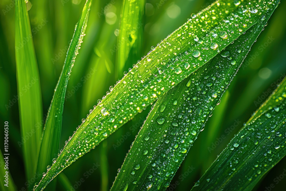 Dew drops on vibrant green grass blades. Dew drops on vibrant green grass blades.