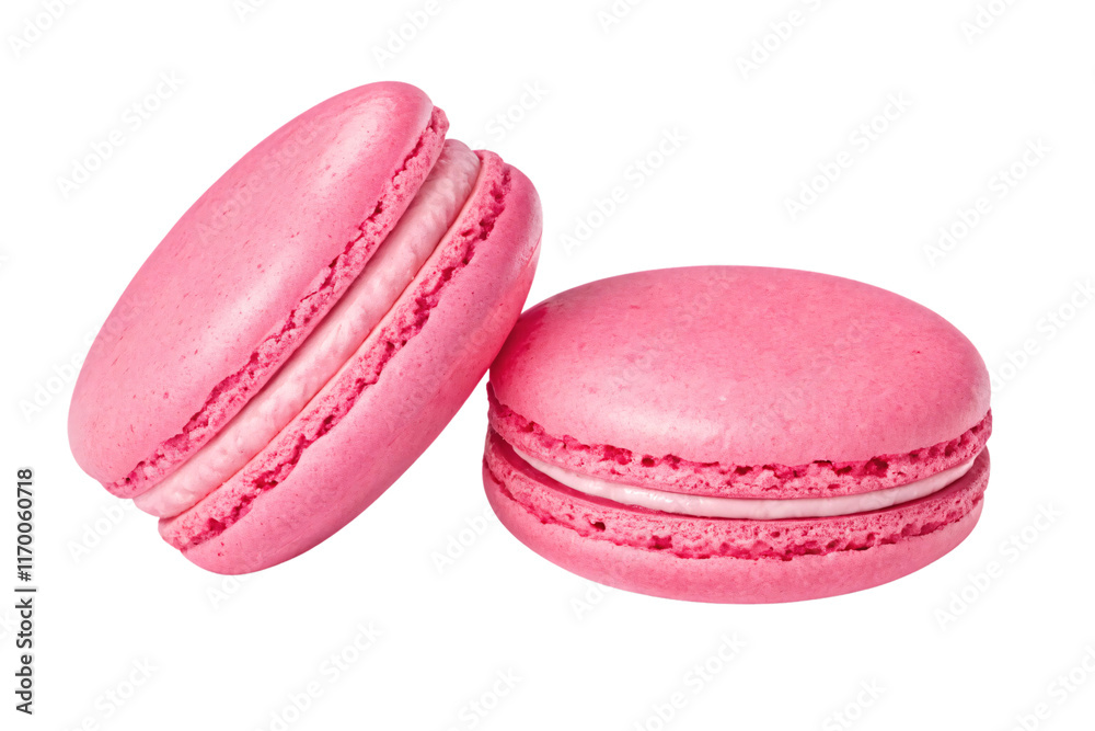 Two vibrant pink macarons with delicate, smooth shells and creamy filling, showcasing an appetizing, pastel dessert, isolated on a transparent background Two vibrant pink macarons with delicate, smooth shells and creamy filling, showcasing an appetizing, pastel dessert, isolated on a transparent background