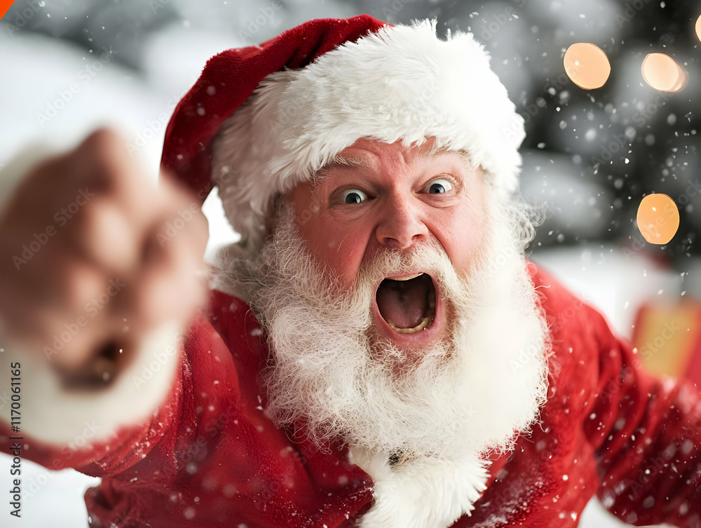 Angry Santa Claus shouts and lunges forward, snowy winter background.