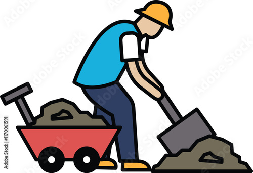 A man is shoveling dirt into a red wheelbarrow