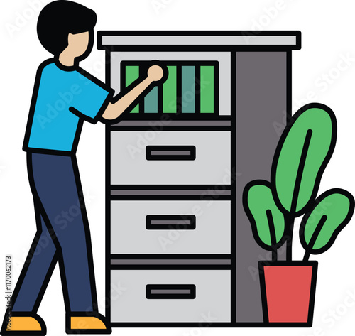 A man is reaching into a filing cabinet