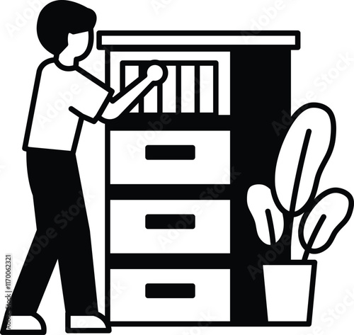 A man is reaching into a filing cabinet