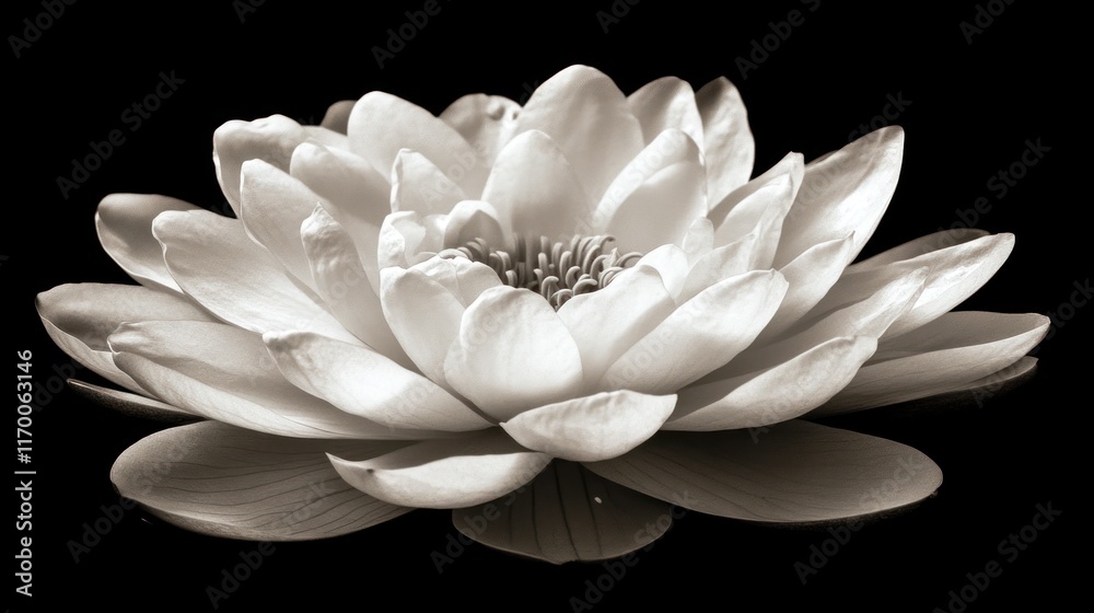 Dark monochrome close-up of a single black water lily blooming amongst lily pads on dark water. Dark monochrome close-up of a single black water lily blooming amongst lily pads on dark water.