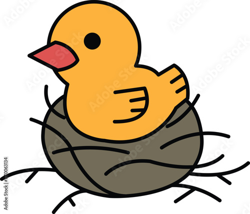 A cartoon of a yellow bird sitting in a nest