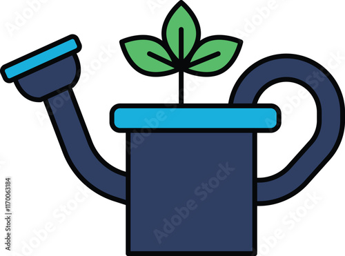 A blue watering can with a green plant in it