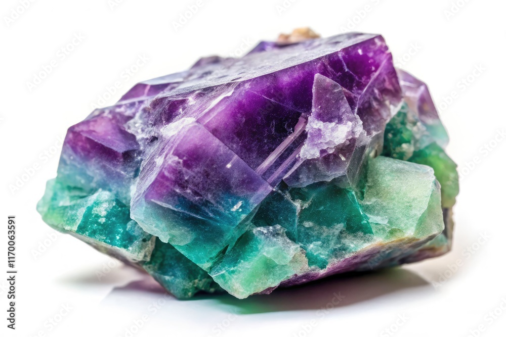 Vibrant fluorite mineral specimen, showcasing its calcium fluoride structure, pristine white background. Vibrant fluorite mineral specimen, showcasing its calcium fluoride structure, pristine white background.