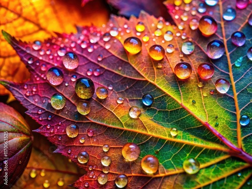 Vibrant fall foliage explodes with color; macro lens reveals glistening dew drops. photo