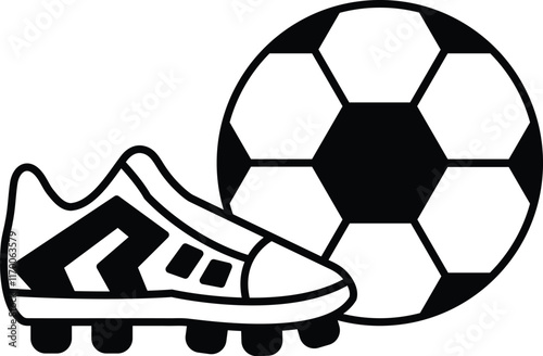 A black and white drawing of a soccer ball and a pair of soccer cleats