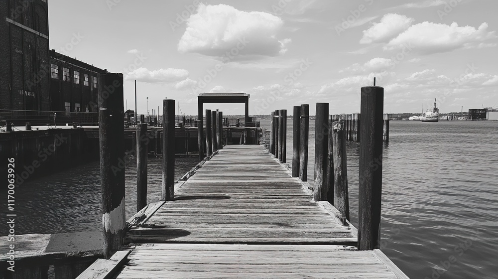 Obraz premium Black and White Photography of a Wooden Dock Extending into the Water