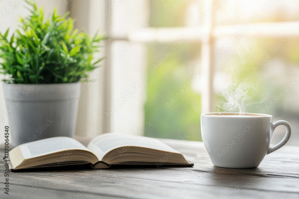 Cozy Reading Scene with a Book, Coffee Cup, and Indoor Plant Cozy Reading Scene with a Book, Coffee Cup, and Indoor Plant