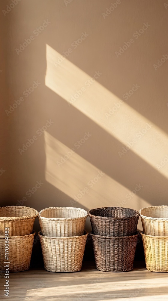 Fototapeta premium Stacked beige, brown, and yellow baskets in sunlight.