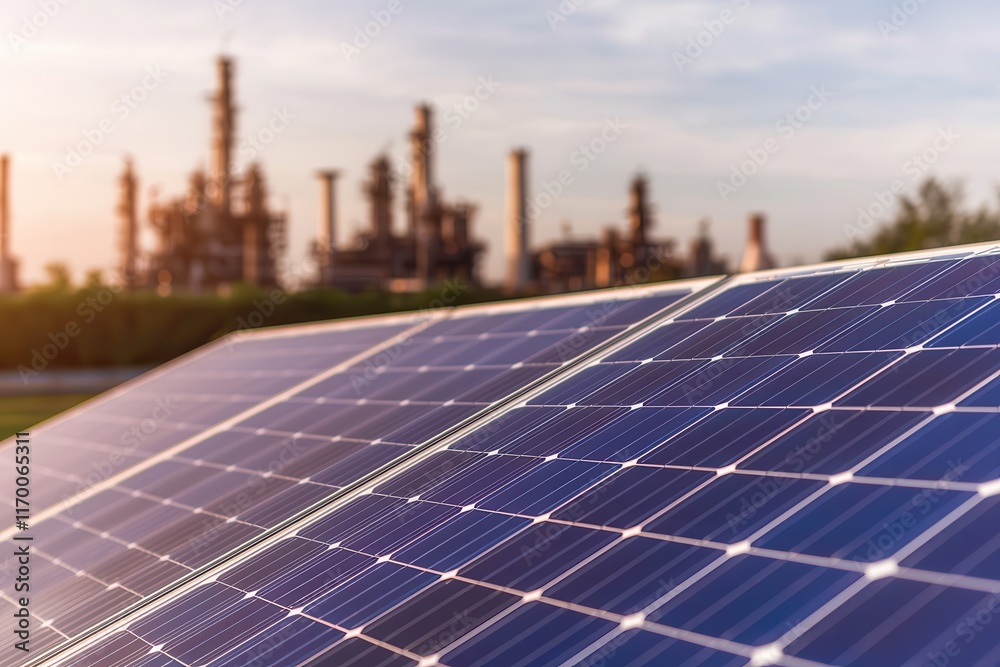 Renewable energy impacts oil prices. Solar panels with industrial backdrop at sunset.