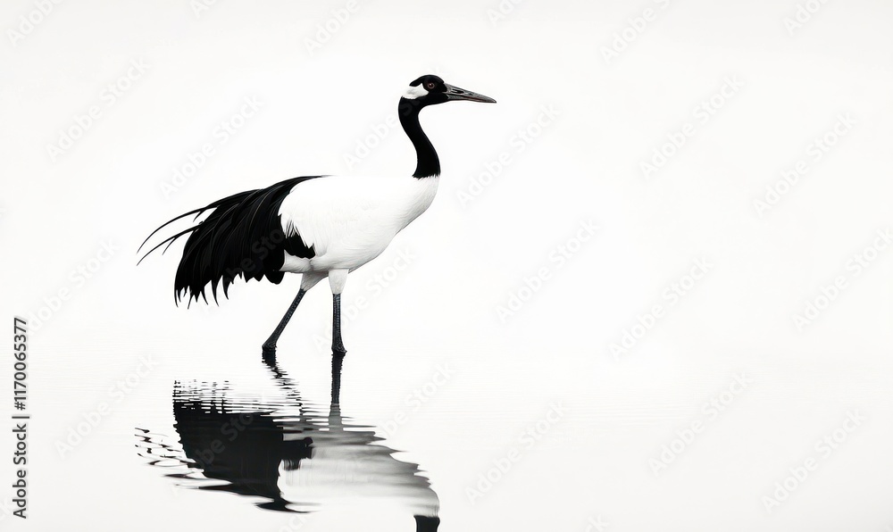 Obraz premium Red-crowned crane wading, serene wetland, Japan, monochrome, nature
