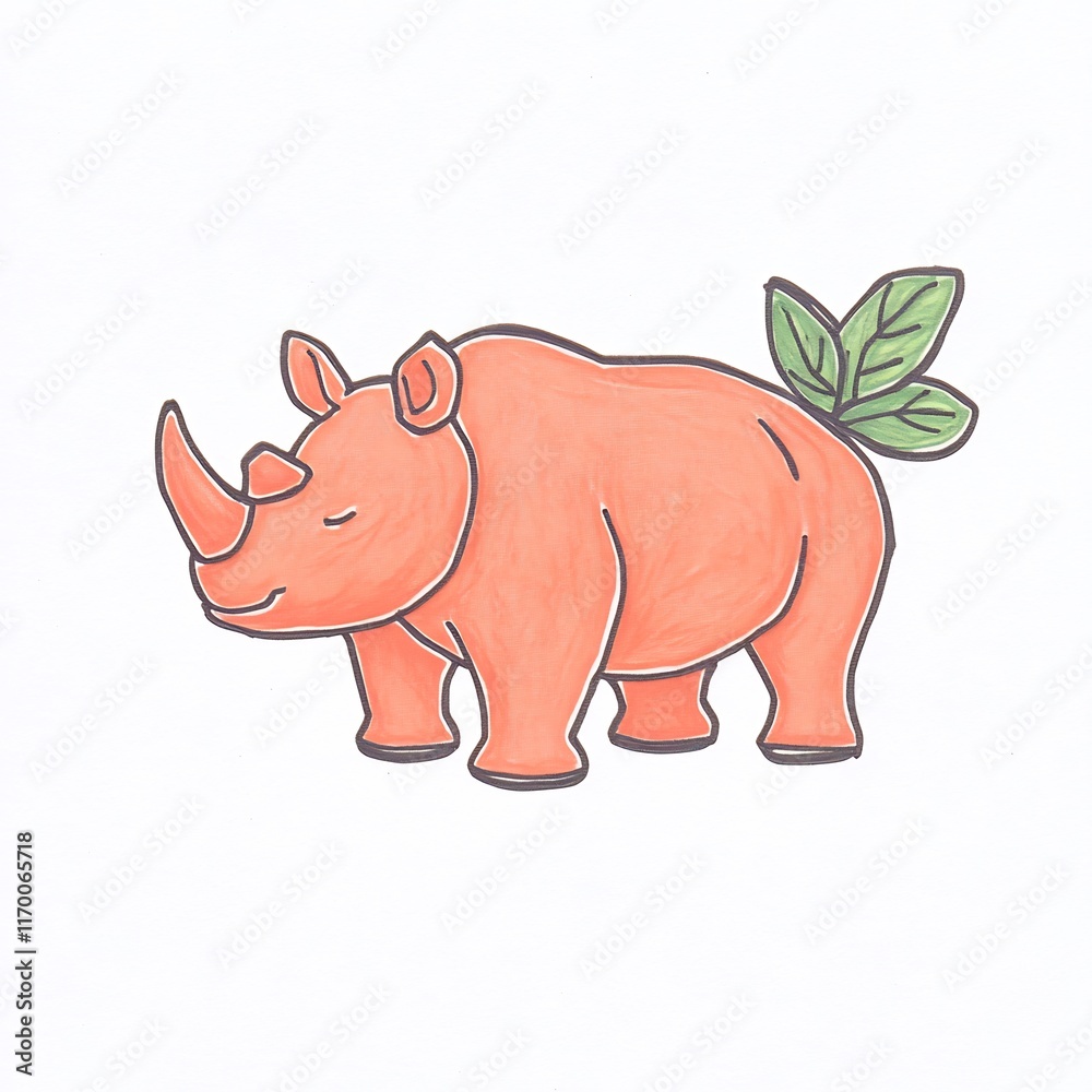 Charming Hand-Drawn Illustration: Peaceful Orange Rhino with Leaves. AI Generated Charming Hand-Drawn Illustration: Peaceful Orange Rhino with Leaves. AI Generated