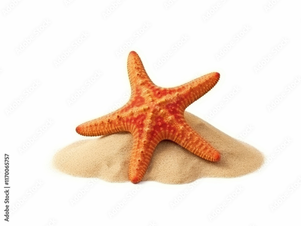 Vibrant Orange Starfish Resting on Soft Sand, Isolated in a Minimalist Natural Setting, Perfect for Coastal and Marine Life Themes
