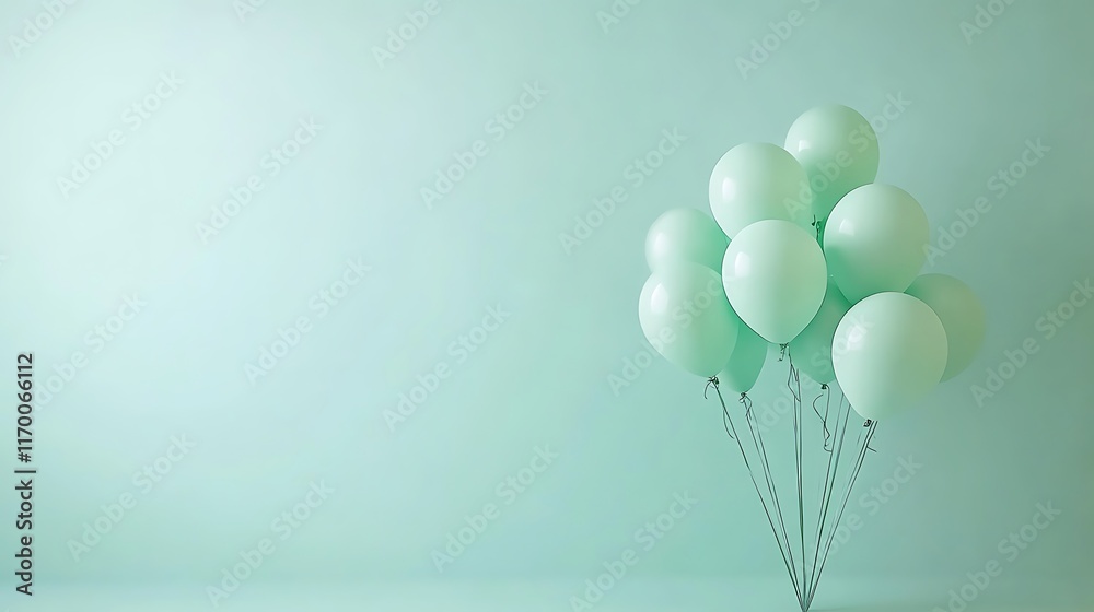 A cluster of pale green balloons against a mint background A cluster of pale green balloons against a mint background