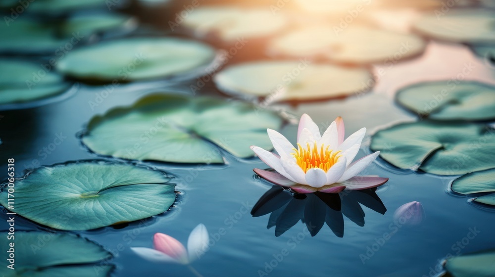 Delicate white lotus flower on tranquil water lily pond. Sunlight illuminates serene scene. Delicate white lotus flower on tranquil water lily pond. Sunlight illuminates serene scene.