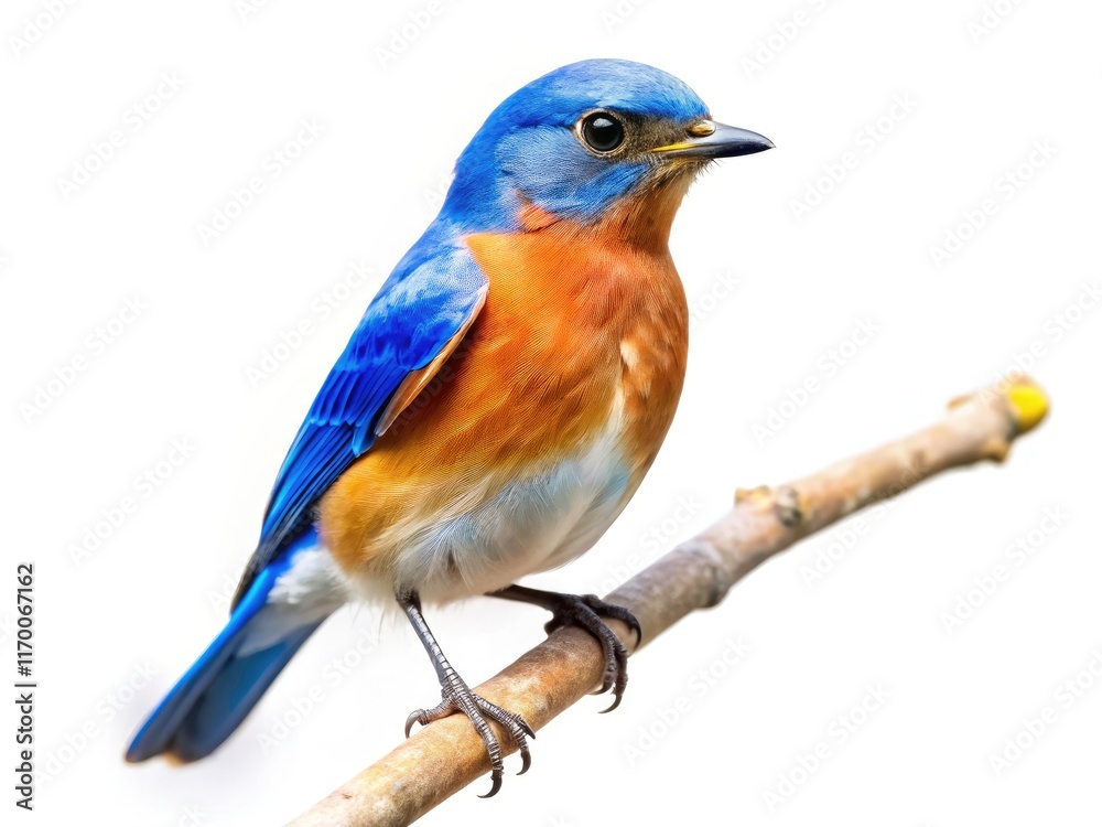 Fototapeta premium Winsome bluebird, tiny and charming, sits on a branch, a pristine white backdrop enhancing its miniature tilt-shift charm.