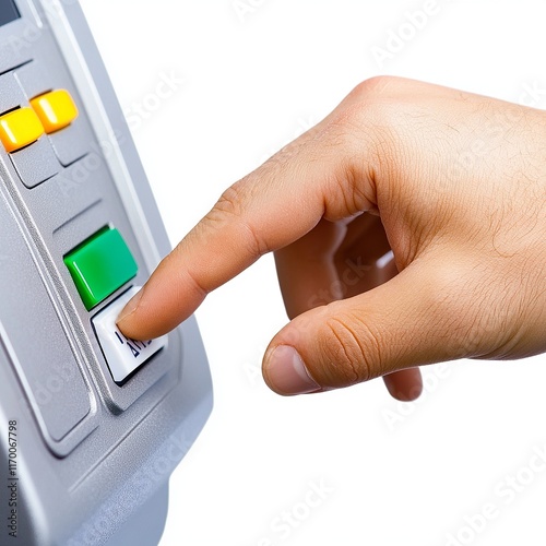 hand entering a PIN on an ATM, isolated white background photo