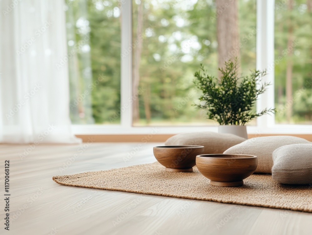 Serene Indoor Space with Natural Light, Wooden Bowls, and Cushions on Cozy Rug Surrounded by Greenery in Contemporary Setting