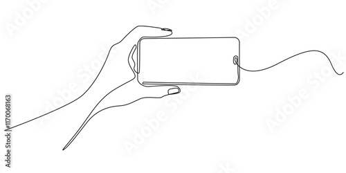 continuous line drawing of a hand holding a cellphone horizontally.one line drawing of a hand playing games with a cellphone.single line vector illustration of turning a cellphone.