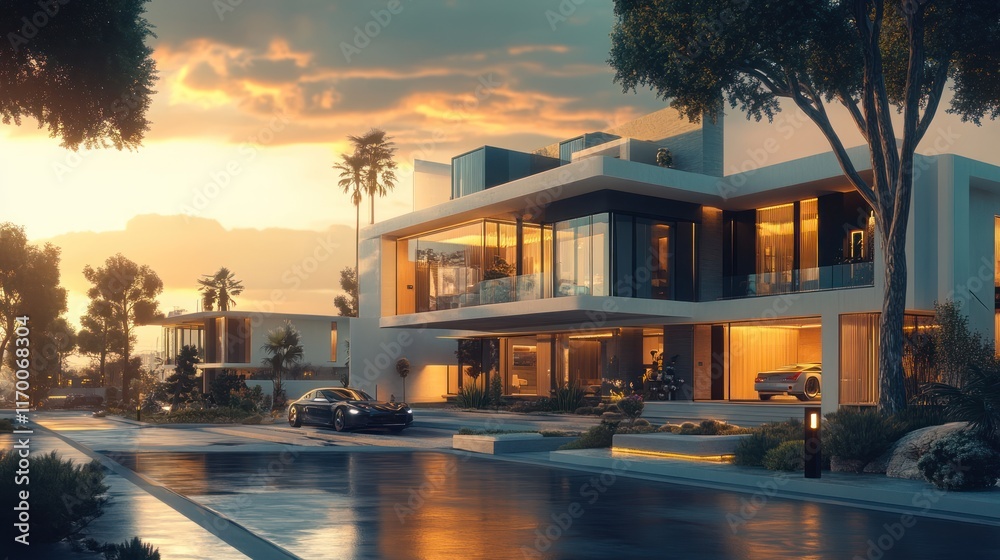 Modern luxury villa at sunset. Modern luxury villa at sunset.