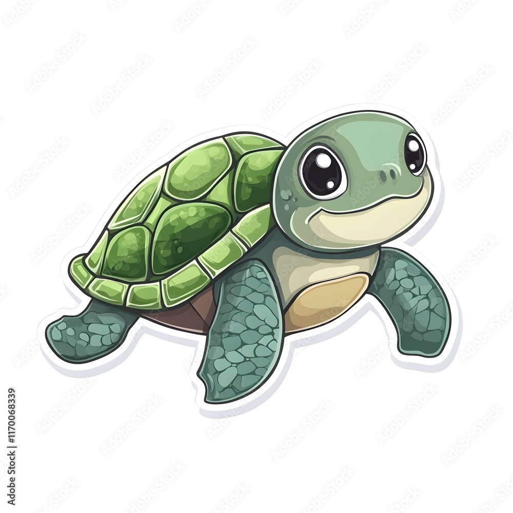 Fototapeta premium A cute cartoon turtle with a friendly expression and vibrant green shell.