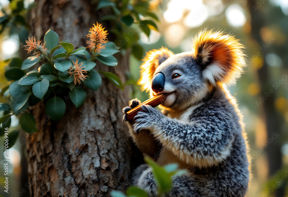 Fototapeta premium Koala Playing Harmonica: A Serene Australian Wildlife Scene