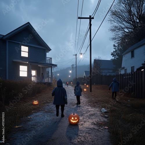 19. Kids in DIY Halloween costumes, trick-or-treating in eerie neighborhood, 3D illustration photo