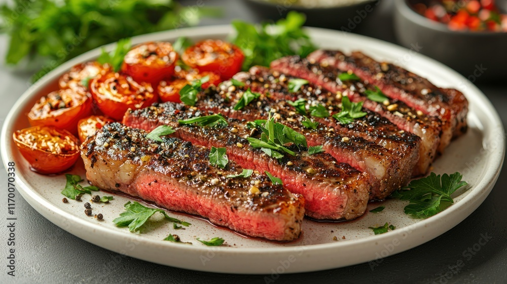 Grilled steak with roasted tomatoes and fresh herbs. Grilled steak with roasted tomatoes and fresh herbs.