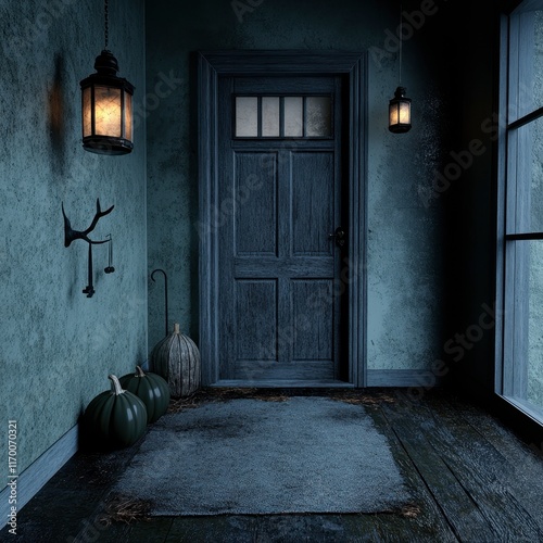 22. Haunted house entryway with spooky props, glowing decorations, 3D illustration
