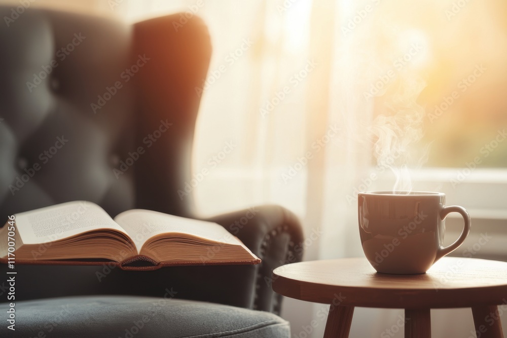 Cozy Reading Nook with Open Book and Steaming Coffee Cup Cozy Reading Nook with Open Book and Steaming Coffee Cup