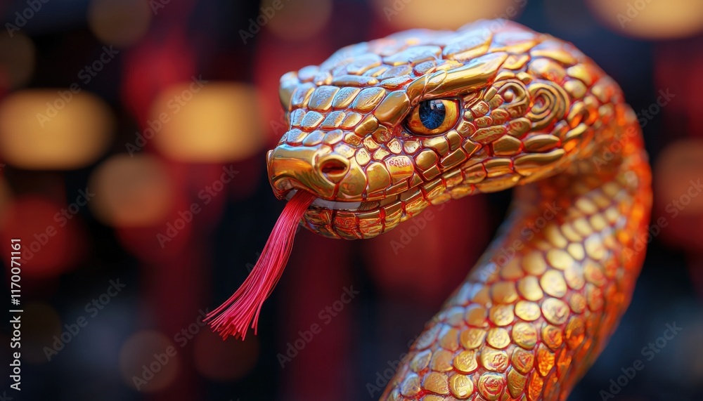 Obraz premium A detailed close-up of a golden snake statue, featuring intricate scales, vivid colors, and a distinctive forked tongue.