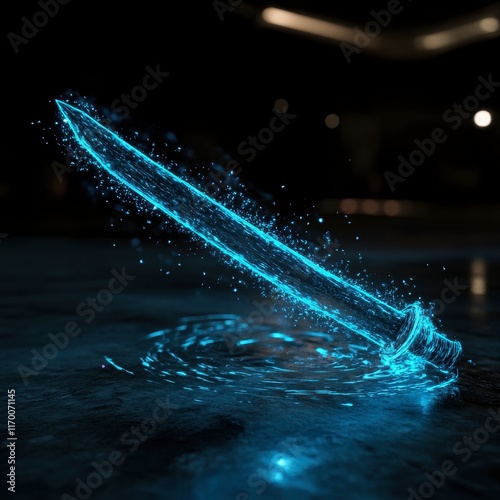 A magical sword with holographic edges, glowing bright blue, surrounded by swirling digital energy in a futuristic chamber, sci-fi, neon lighting, digital art style. photo