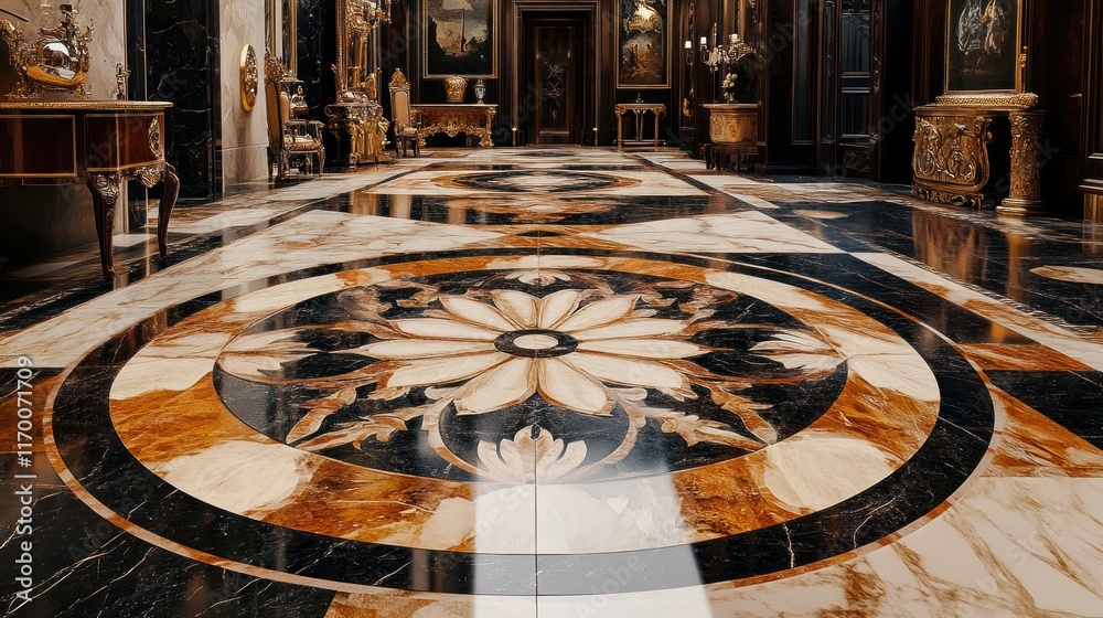 Obraz premium Palace hall marble floor detail, ornate furniture, sunlit background, interior design