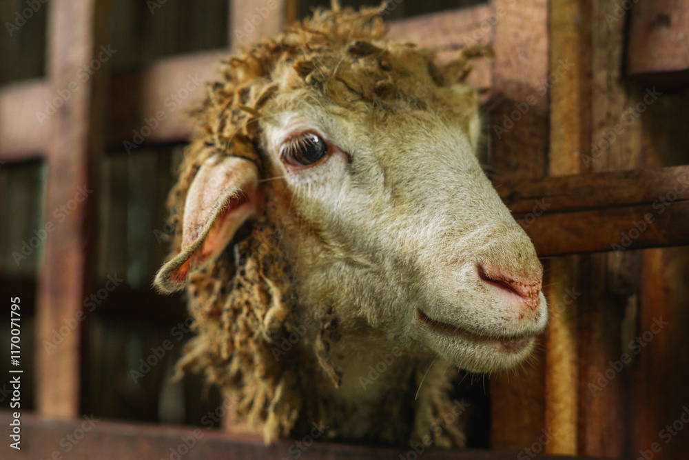 Obraz premium Close-Up of a Sheep: Captivating Portrait of Farm Life