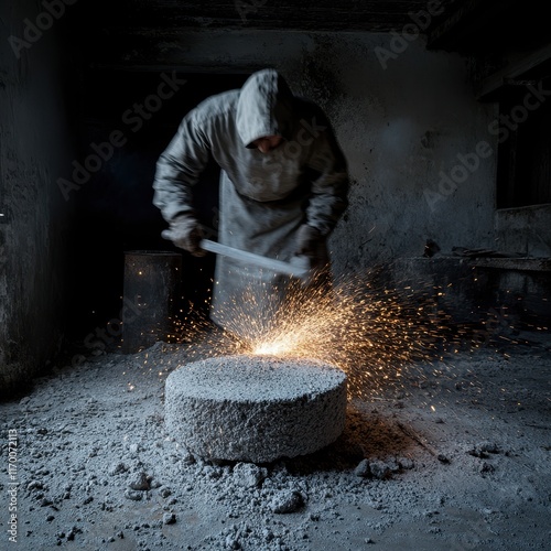An ancient sword being sharpened on a stone wheel, with sparks flying in a rustic medieval forge, dark ambient lighting, detailed craftsmanship, high detail.