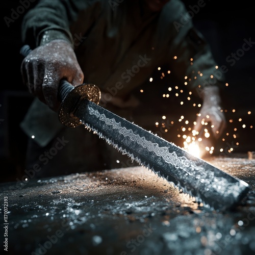 Samurai sharpening a katana with traditional tools in a dimly lit workshop, focusing on the blade s intricate edge, warm lighting, realistic textures, photo-realistic. photo