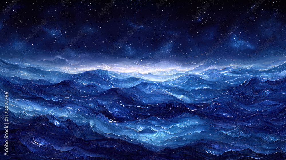 Fototapeta premium Dark blue mountain range under starry night sky.