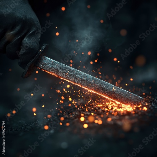 A sword being sharpened by a medieval blacksmith, glowing red-hot metal, surrounded by fire and smoke, dark, atmospheric, highly detailed.